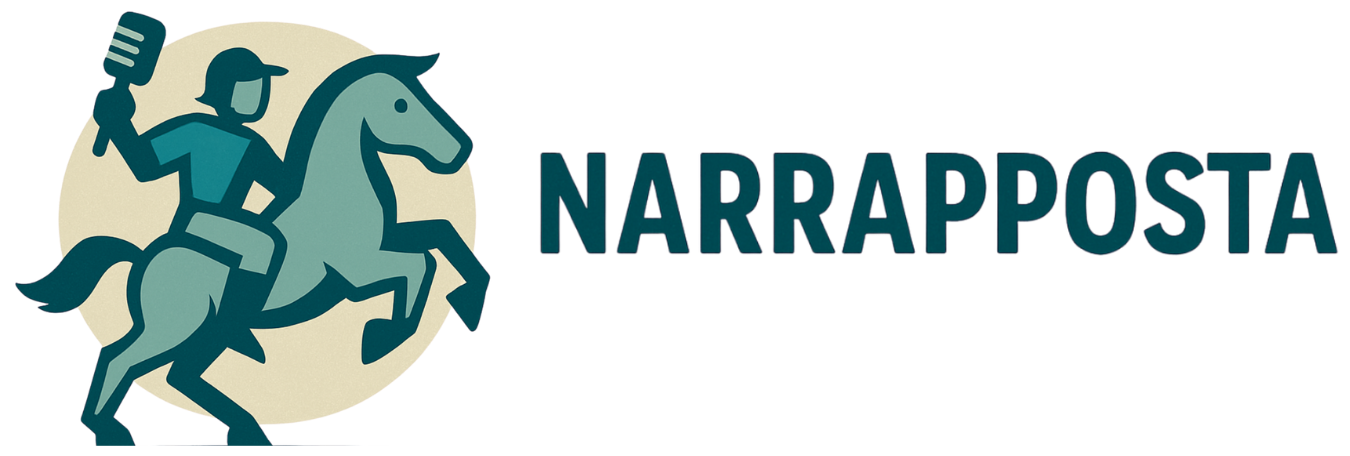 Logo di Narrapposta, rappresentato da un cavaliere stilizzato a cavallo che tiene un microfono al posto della spada. L’immagine unisce simboli di narrazione e podcasting, esprimendo l’identità visiva del brand.