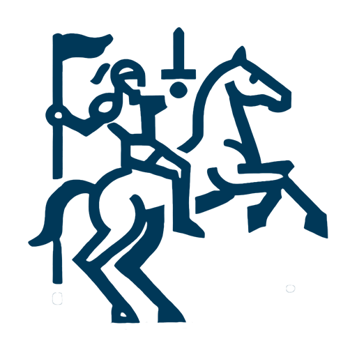 Illustrazione in bianco e nero di un cavaliere con bandiera su un cavallo, rappresentazione simbolica delle storie epiche e della narrazione.