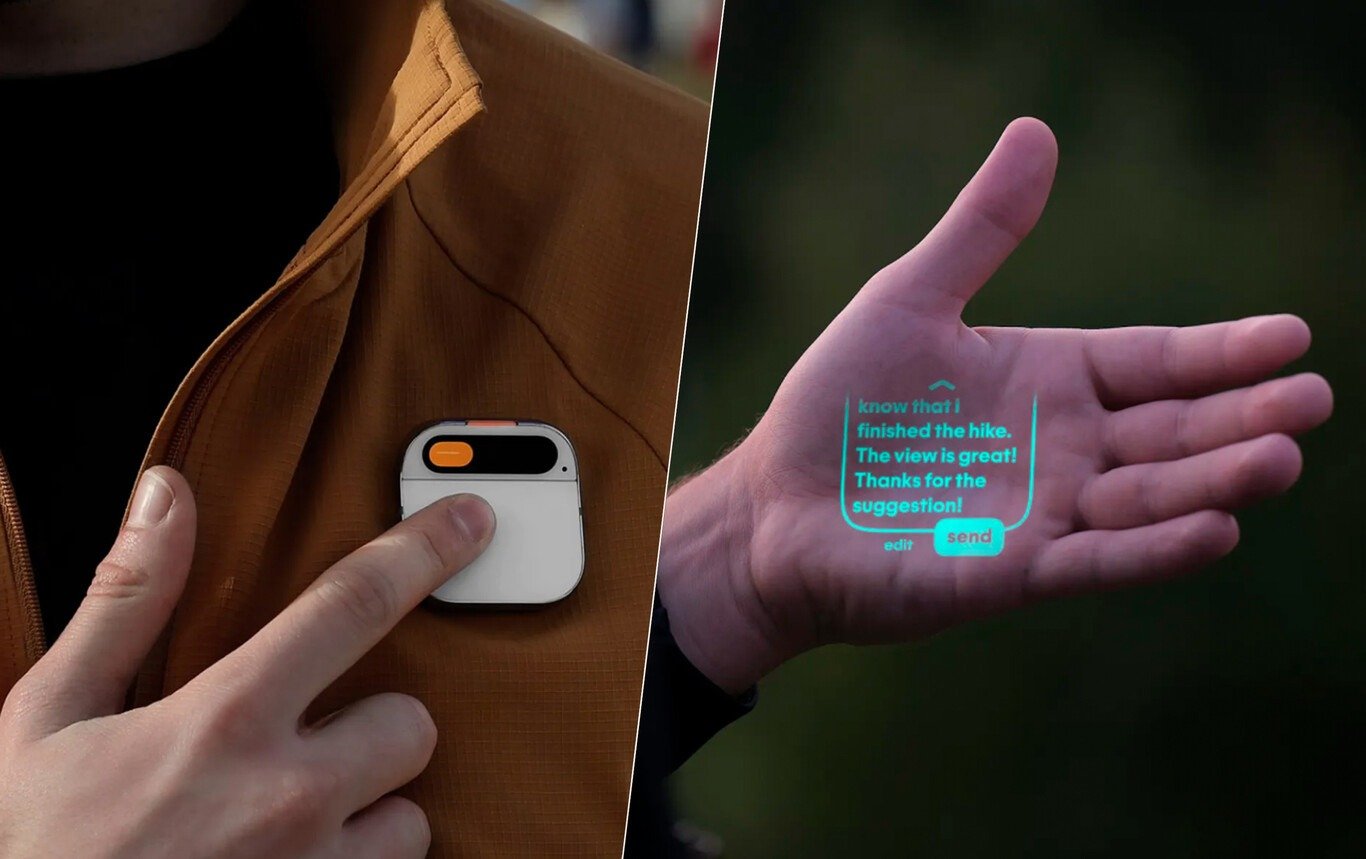 Fotografia di un dispositivo tecnologico screenless fissato alla giacca che proietta un messaggio digitale sul palmo della mano. L’immagine illustra il futuro della comunicazione senza schermi, con interfacce intuitive e immersive.