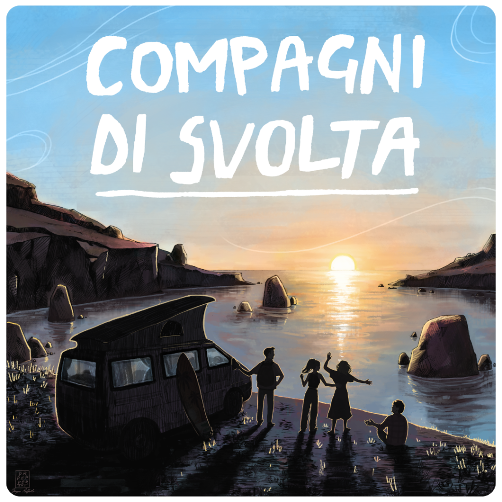 Copertina del podcast Compagni di Svolta con quattro ragazzi e un van al tramonto su una scogliera