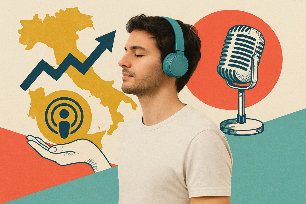 Copertina per articolo sulla crescita del podcast in Italia. Illustrazione in stile collage con un ragazzo che ascolta in cuffia, un microfono vintage, la mappa dell’Italia con una freccia in aumento e l’icona del podcast. Grafica simbolica che rappresenta l’aumento degli ascolti e l’espansione del mercato.