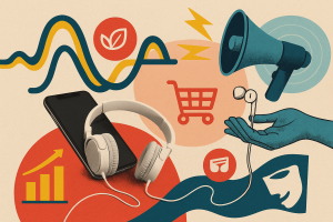 Copertina per articolo sul podcast come strumento pubblicitario. Illustrazione in stile collage con smartphone e cuffie, una mano che regge auricolari, megafono, carrello della spesa, grafici in crescita e simboli di comunicazione e sostenibilità. La grafica rappresenta l’uso del podcast come mezzo di marketing e brand communication.