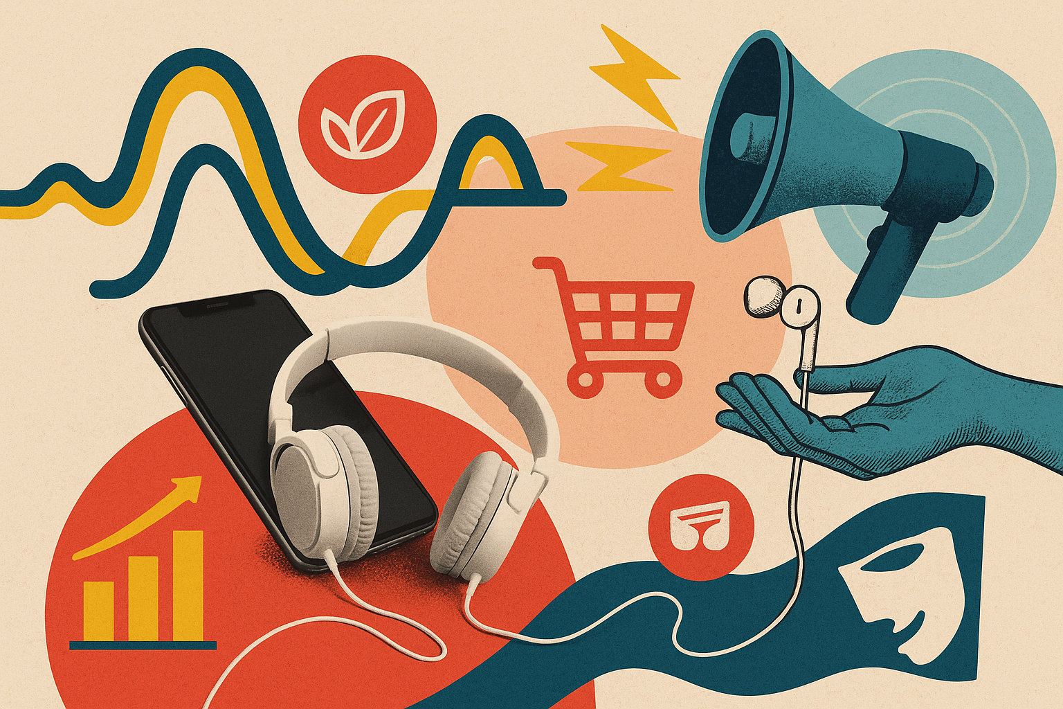 Copertina per articolo sul podcast come strumento pubblicitario. Illustrazione in stile collage con smartphone e cuffie, una mano che regge auricolari, megafono, carrello della spesa, grafici in crescita e simboli di comunicazione e sostenibilità. La grafica rappresenta l’uso del podcast come mezzo di marketing e brand communication.