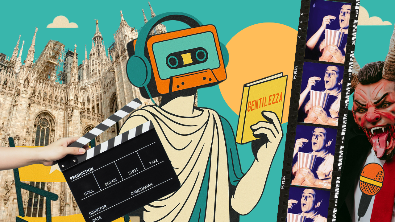 Illustrazione editoriale che rappresenta il tema dei podcast su cultura e società, tra cinema, narrazione e ascolto audio