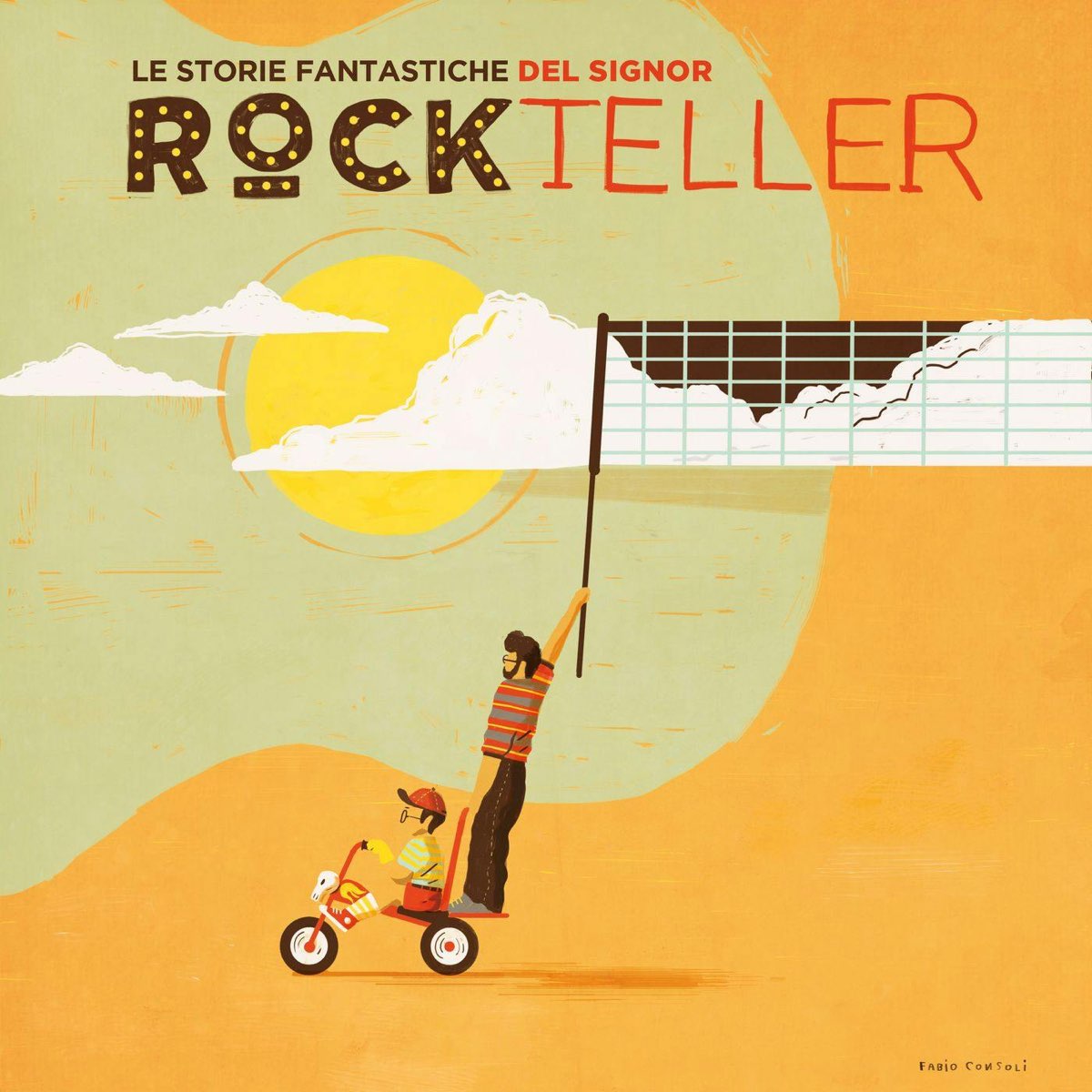 Copertina del podcast Le storie fantastiche del signor Rockteller, illustrazione con padre e figlio in bicicletta verso il sole, storie audio per bambini e famiglie.