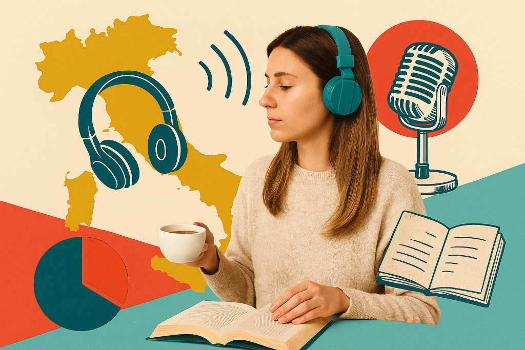 Donna con cuffie chiuse che ascolta podcast in Italia, mentre legge un libro e beve un caffè. Sullo sfondo icone di microfono, grafici e mappa dell’Italia.