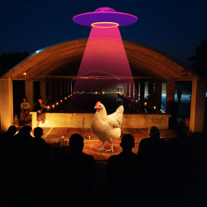 Spettacolo al Piccolo Festival della Narrazione all'Antico Lavatoio di Massa Lombarda. Al centro del palco una gallina illuminata da un raggio ufo come nella copertina del podcast C'è vita nel Grande Nulla Agricolo? di Johnny Faina