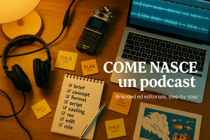 Vista dall’alto di una scrivania con laptop aperto su waveform audio, cuffie e registratore, taccuino con checklist di produzione, usata come copertina per l’articolo “Come nasce un podcast – Branded ed editoriale step-by-step”.