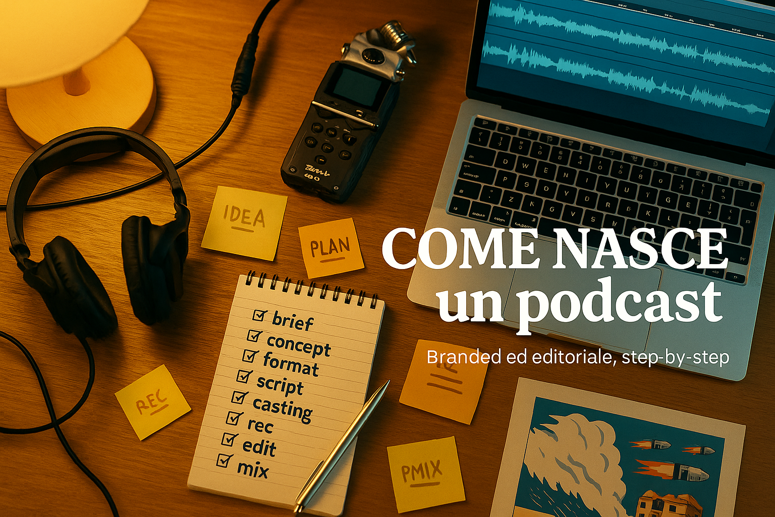 Vista dall’alto di una scrivania con laptop aperto su waveform audio, cuffie e registratore, taccuino con checklist di produzione, usata come copertina per l’articolo “Come nasce un podcast – Branded ed editoriale step-by-step”.