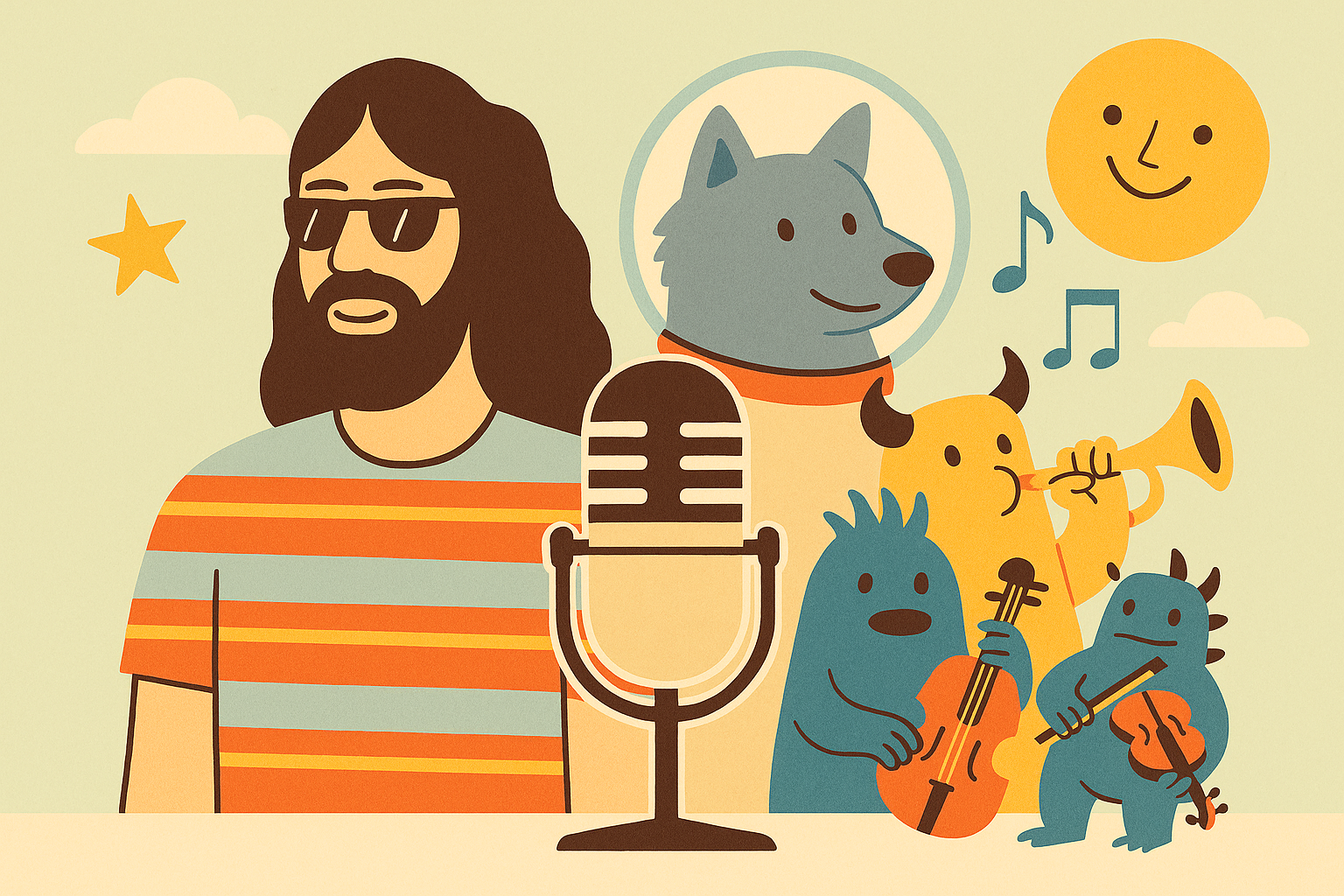 Illustrazione colorata con podcaster davanti a un microfono, circondato da animali e mostriciattoli che suonano strumenti musicali, immagine creativa legata ai podcast per bambini.