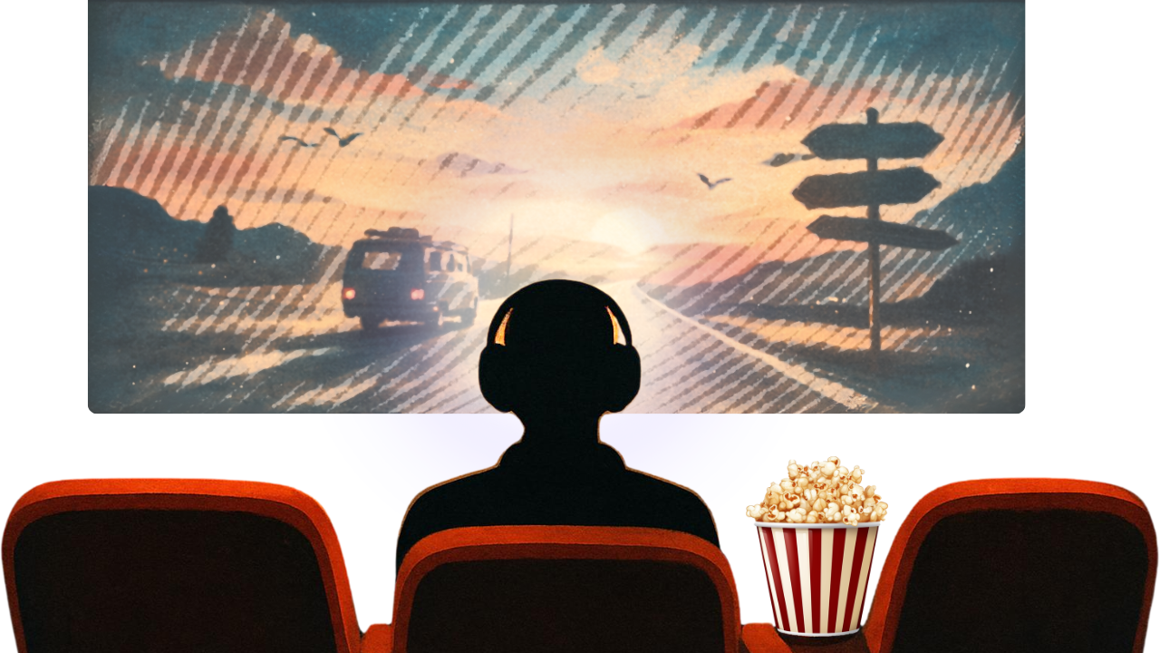 Ascoltatore con cuffie in una sala cinema mentre immagina una scena di viaggio, metafora dell’ascolto immersivo dei podcast