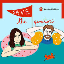 Illustrazione della copertina del podcast Save the Genitori di Save the Children con due genitori in piscina con salvagenti