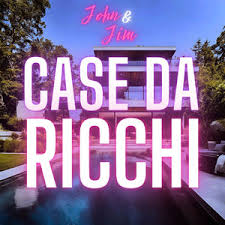 Copertina del podcast "Case da ricchi". Titolo centrato in grande e sullo sfondo una casa lussuosa a due piani con piscina