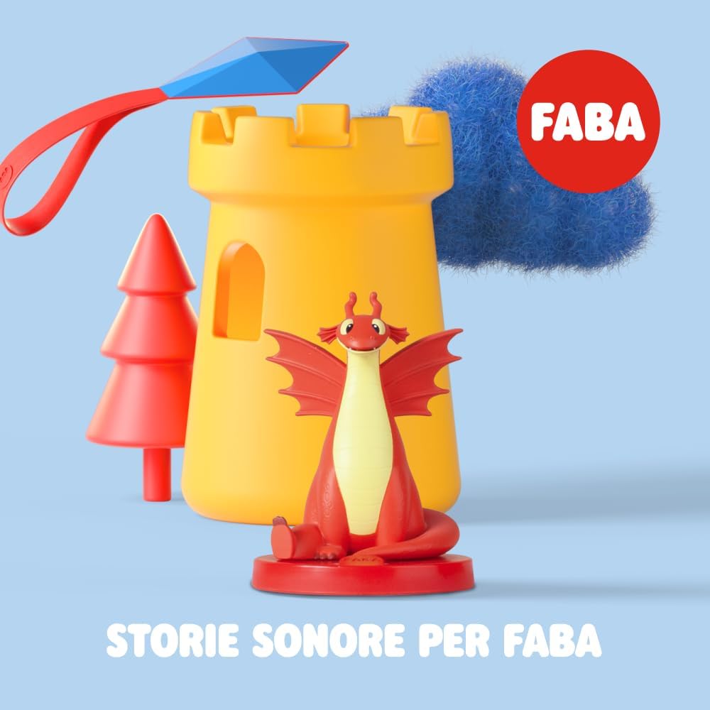 Illustrazione di Storie sonore per FABA, con drago rosso e castello giallo, audiostorie interattive per bambini.