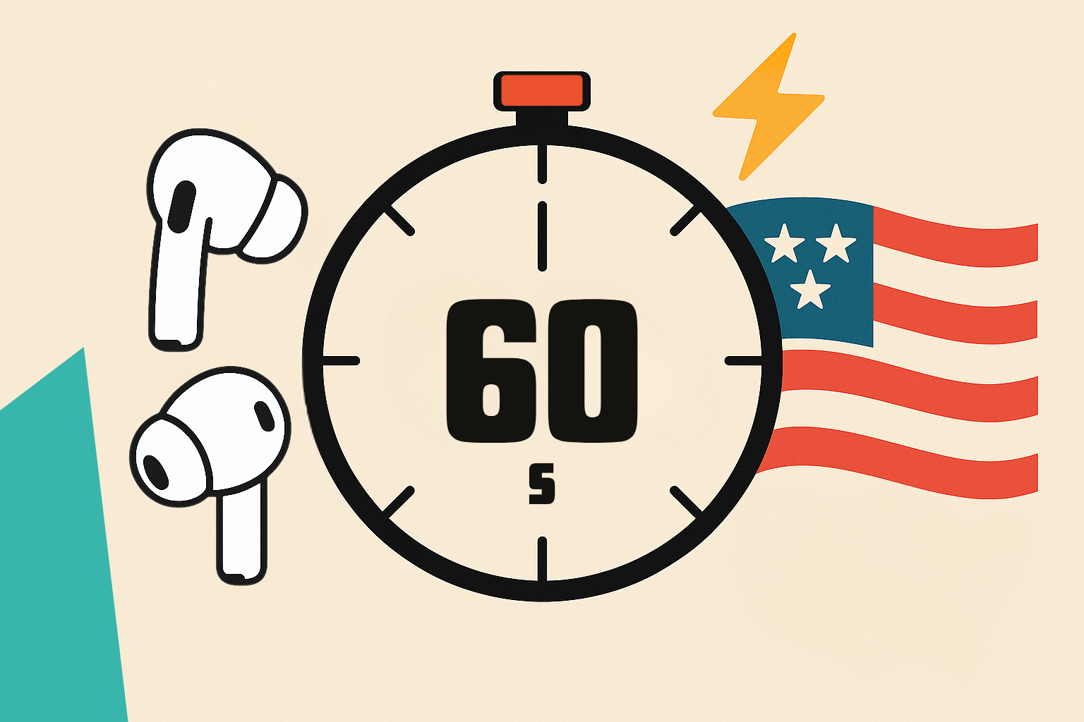 Illustrazione con cronometro da 60 secondi, cuffiette audio, bandiera americana e fulmine giallo a indicare la ricerca sulle abitudini di ascolto podcast