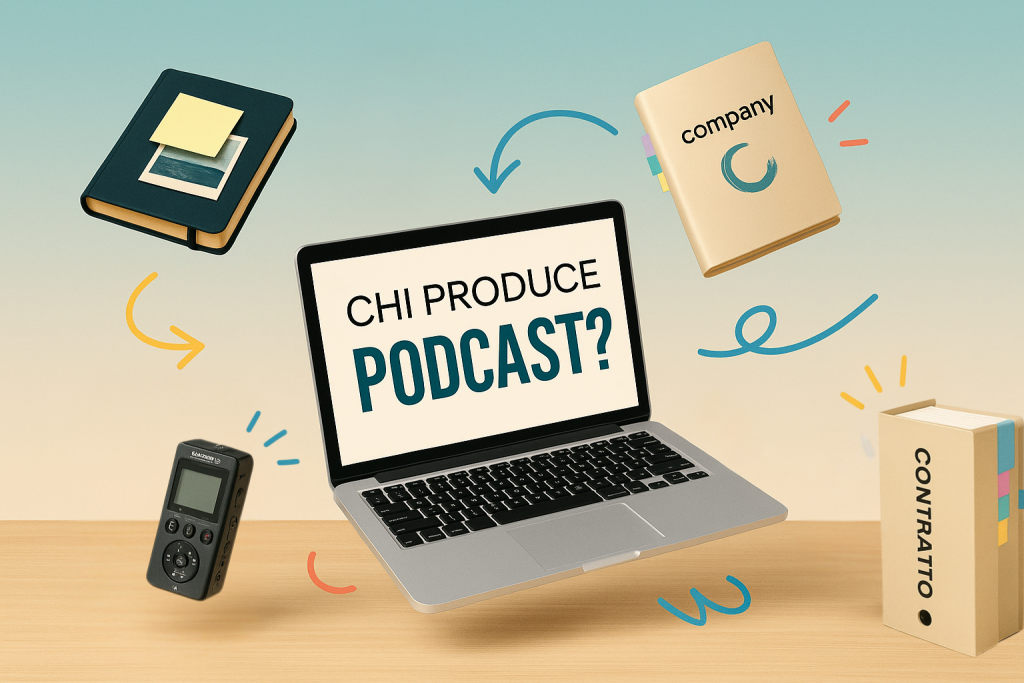 Illustrazione con laptop che mostra la scritta “Chi produce podcast?”, registratore audio, agenda, libro con scritta company e raccoglitore contratti, simboli del lavoro di produzione podcast per aziende e professionisti.