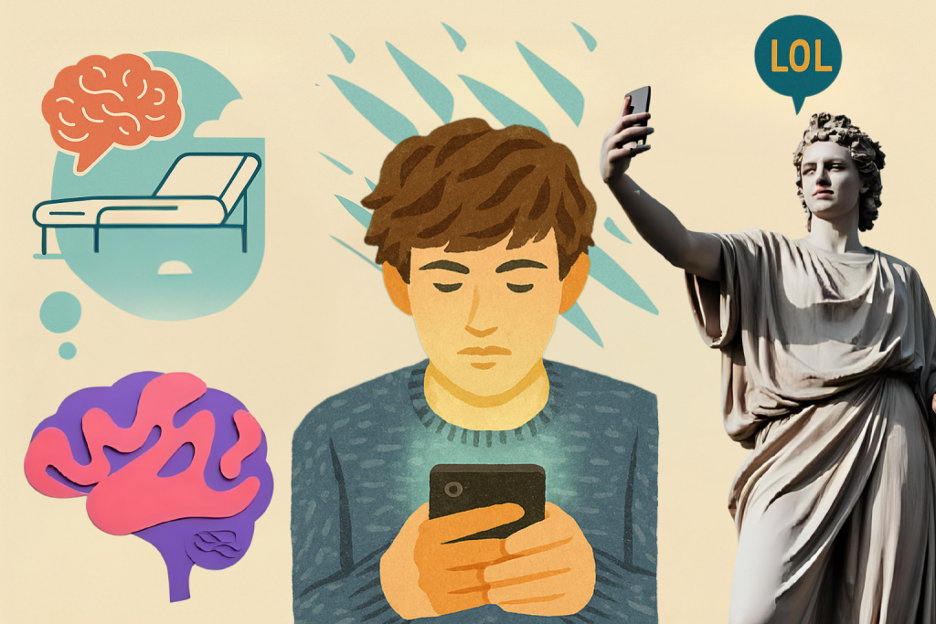 Collage illustrato con ragazzo che guarda il telefono, cervelli colorati come simbolo della mente, lettino da psicologo e statua classica che fa un selfie con fumetto LOL.