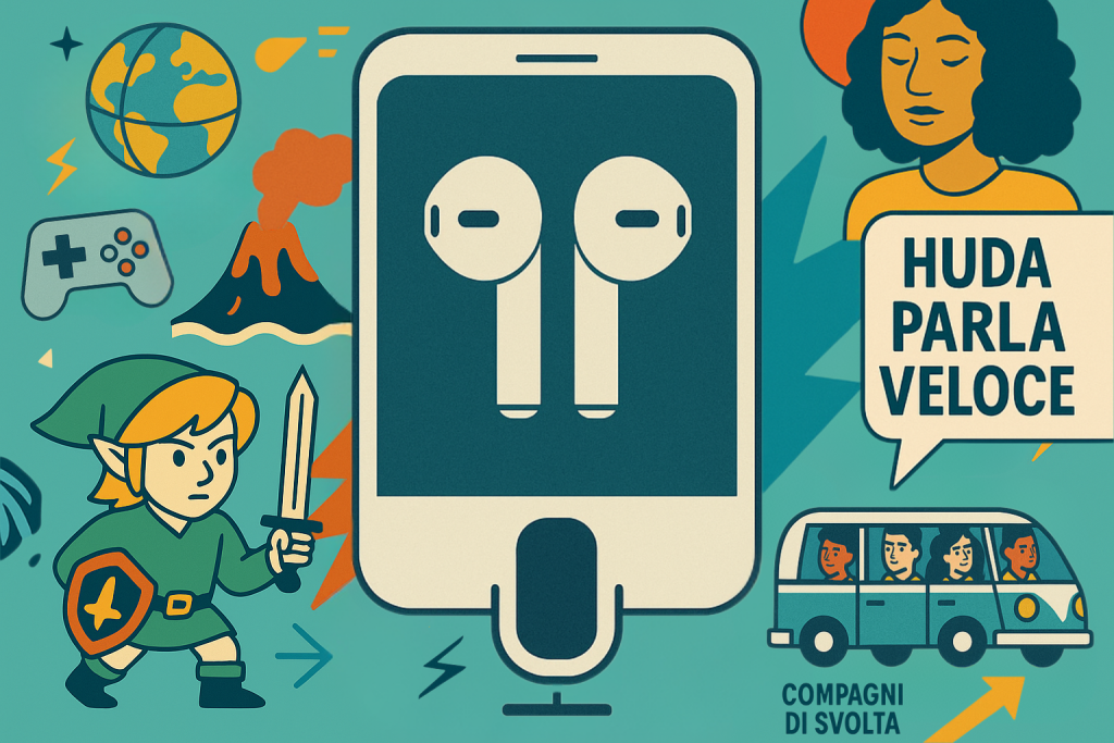 Illustrazione collage con smartphone e cuffiette, personaggi cartoon, simboli di videogiochi e natura, con richiami ai podcast Huda parla veloce e Compagni di Svolta.