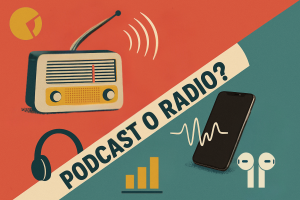 Illustrazione concettuale podcast o radio con radio vintage, smartphone moderno, cuffie e grafici a barre su sfondo rosso e verde.
