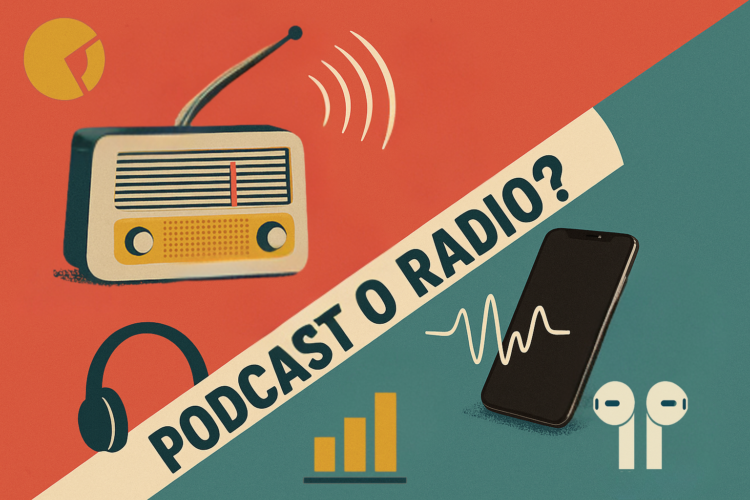 Illustrazione concettuale podcast o radio con radio vintage, smartphone moderno, cuffie e grafici a barre su sfondo rosso e verde.
