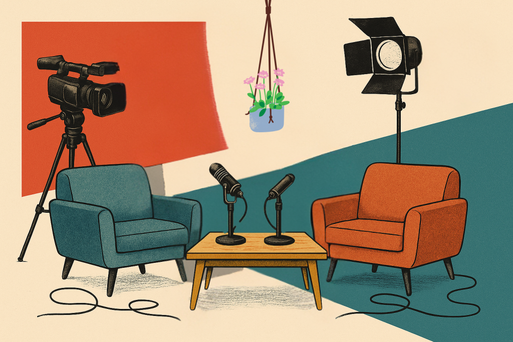 Illustrazione di un set da videopodcast con due poltrone colorate, microfoni su un tavolino, videocamera su treppiede e luce professionale da studio.