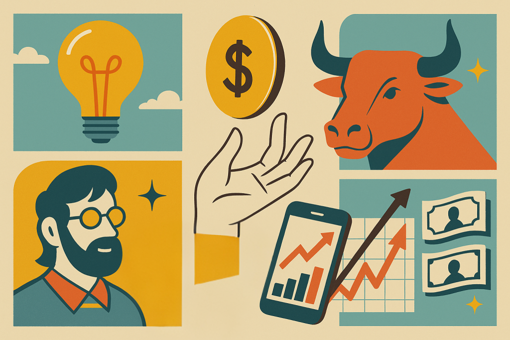 Illustrazione in stile collage con elementi di finanza e business: lampadina come idea, moneta dorata con simbolo del dollaro, toro dei mercati, grafico in crescita su smartphone, banconote e ritratto maschile, a rappresentare i podcast di educazione finanziaria e business.