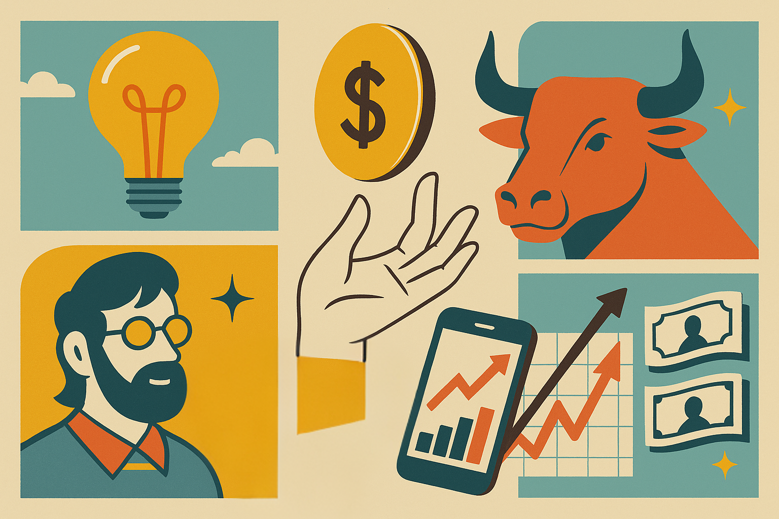 Illustrazione in stile collage con elementi di finanza e business: lampadina come idea, moneta dorata con simbolo del dollaro, toro dei mercati, grafico in crescita su smartphone, banconote e ritratto maschile, a rappresentare i podcast di educazione finanziaria e business.