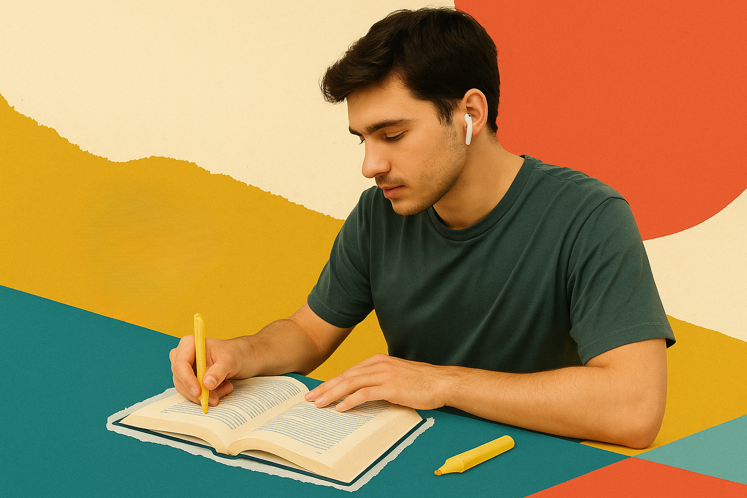 Giovane liceale con auricolari wireless studia sottolineando un libro, rappresentando la nuova abitudine di usare i podcast come supporto allo studio e al ripasso.