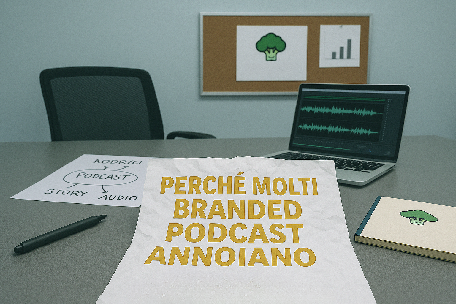 Scrivania con foglio che riporta il titolo “Perché molti branded podcast annoiano”, laptop con forma d’onda audio sullo schermo e schema con la parola podcast, concetto legato a branded podcast e marketing audio.