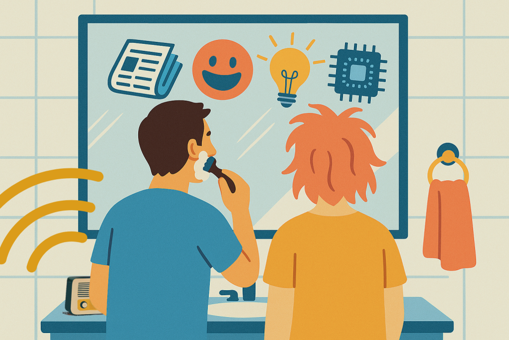 Illustrazione di due persone davanti allo specchio in bagno, una si rade mentre ascolta podcast giornalieri; nello specchio compaiono icone di notizie, emoji sorridente, lampadina e microchip, simboli di podcast di 5 minuti su attualità e innovazione.