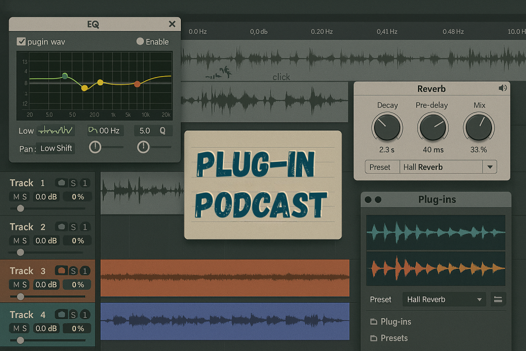 Interfaccia software di editing audio con equalizzatore, riverbero e tracce multitraccia per podcast.