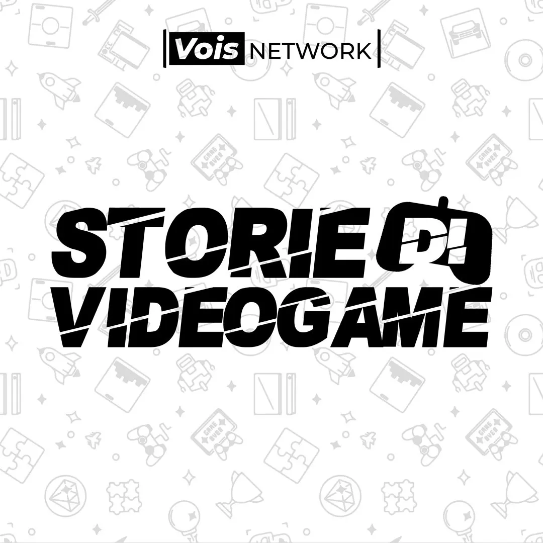 Copertina podcast Storie di Videogame con logo nero su sfondo bianco a icone di videogiochi, dedicato a racconti e curiosità sul mondo gaming.
