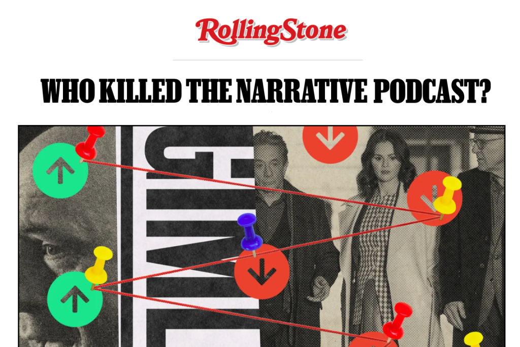 Screenshot dell’articolo di Rolling Stone intitolato “Who Killed the Narrative Podcast?”, con collage investigativo e fili rossi che collegano immagini, simbolo del dibattito sul declino dei podcast narrativi.