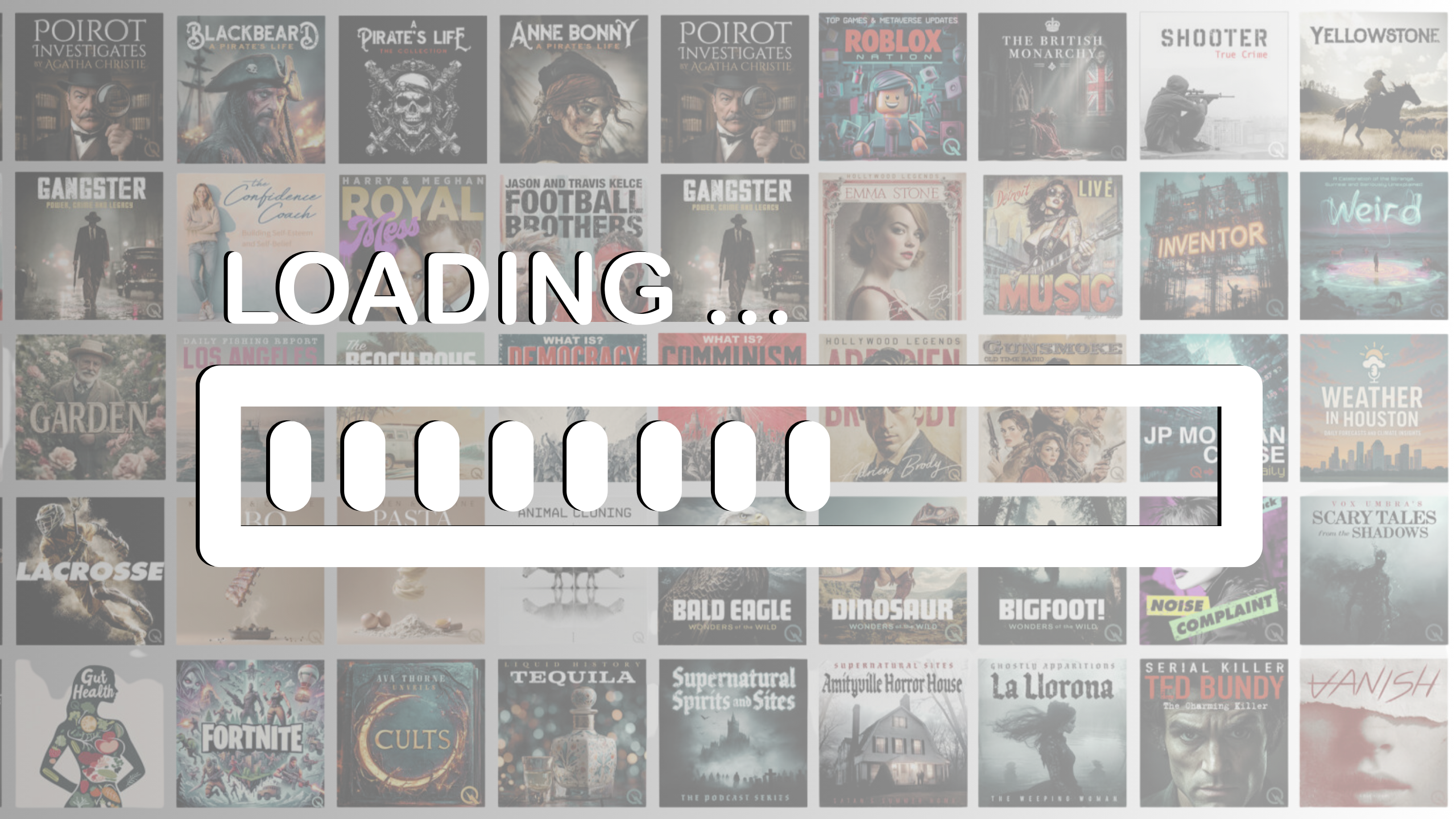 Podcast e intelligenza artificiale: Collage di copertine di podcast internazionali con barra di caricamento e scritta “Loading…”