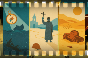Illustrazione in stile pellicola con tre riquadri: una nave che affonda, un frate con una croce davanti a una chiesa e un carro armato nel deserto, simboli di podcast storici italiani su naufragi, fede e guerre del Novecento.
