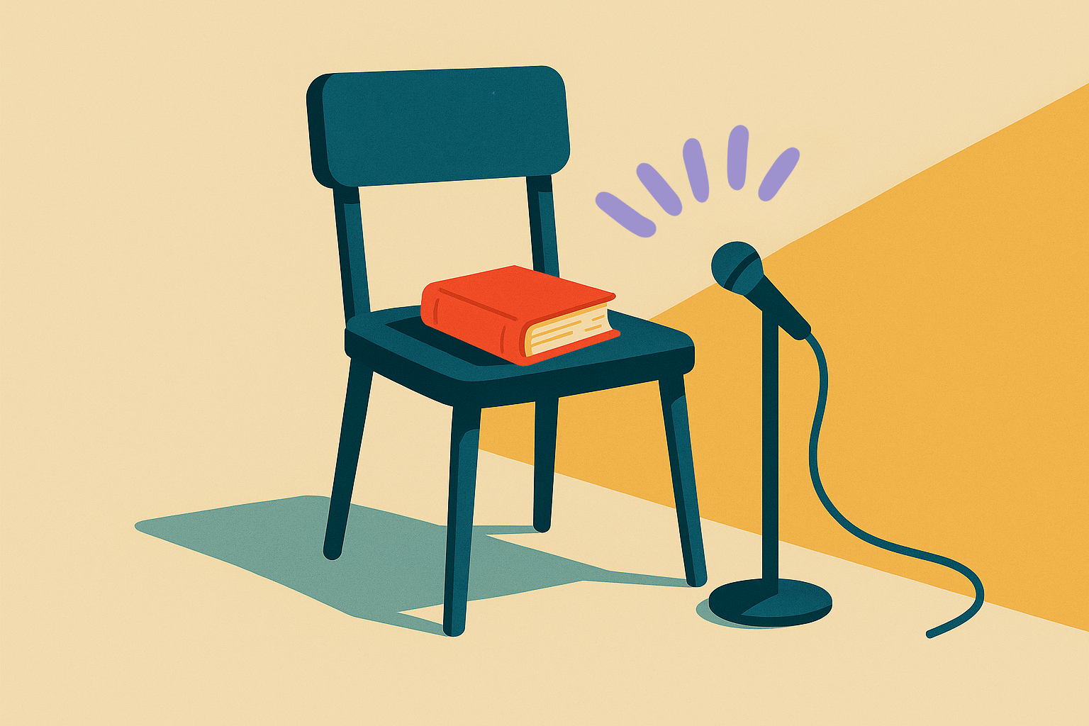 Illustrazione con sedia scolastica, libro rosso e microfono sul palco, simbolo dei podcast comedy e stand-up