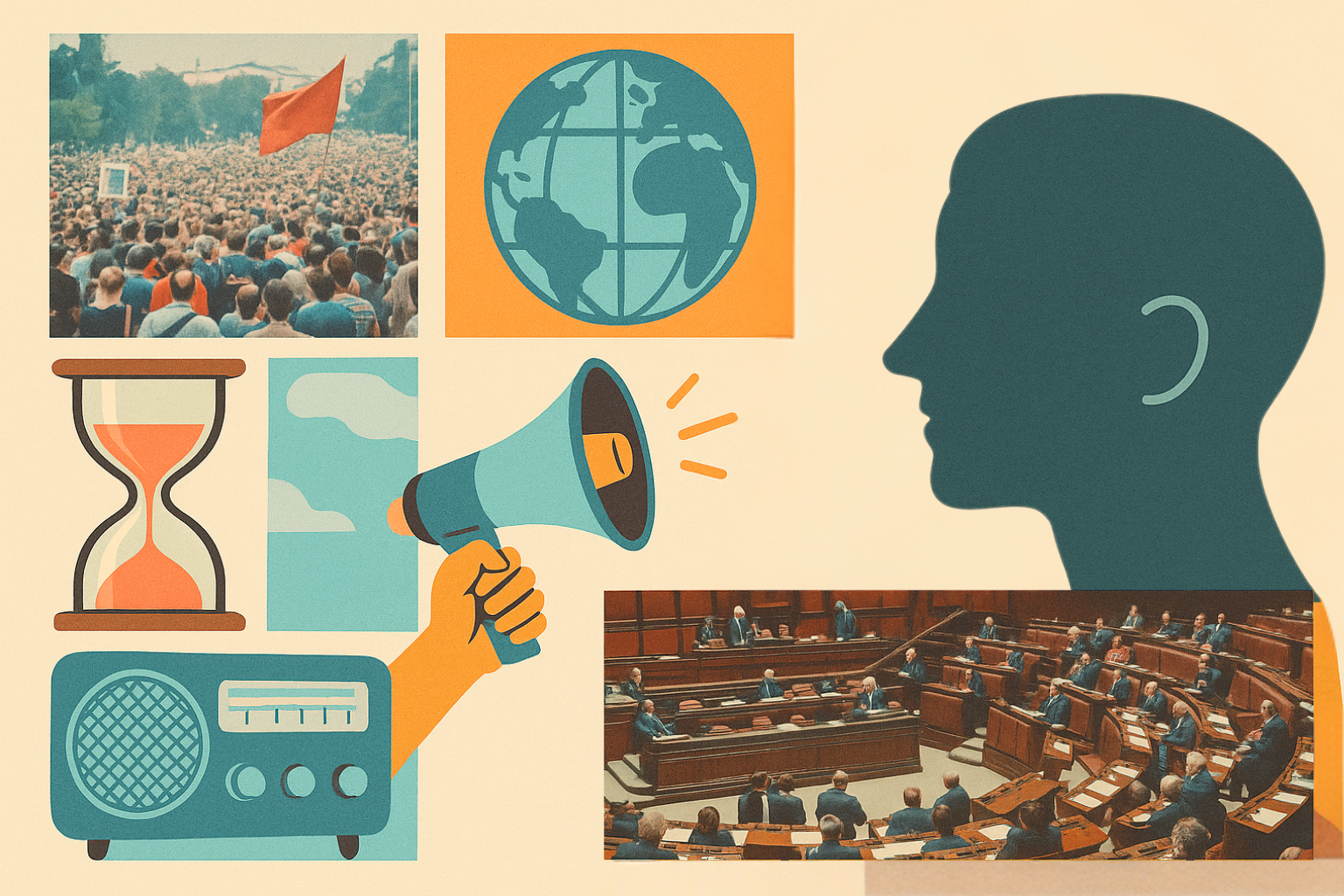Collage illustrato con megafono, radio, clessidra, globo terrestre e immagini di protesta e parlamento, simbolo del ruolo dei podcast nel raccontare attualità, politica e società in modo accessibile.