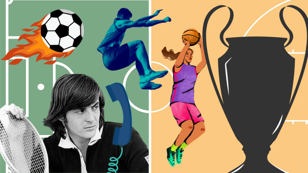 collage sportivo con campo da calcio, palla in fiamme, atleta che salta, giovane Adriano Panata, cestista che tira a canestro, per grafica articolo sui podcast di sport