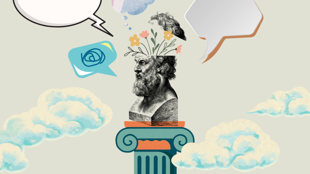 Illustrazione per un articolo sui podcast di filosofia con un busto classico su una colonna da cui escono fiori e nuvole, circondato da fumetti di pensieri.