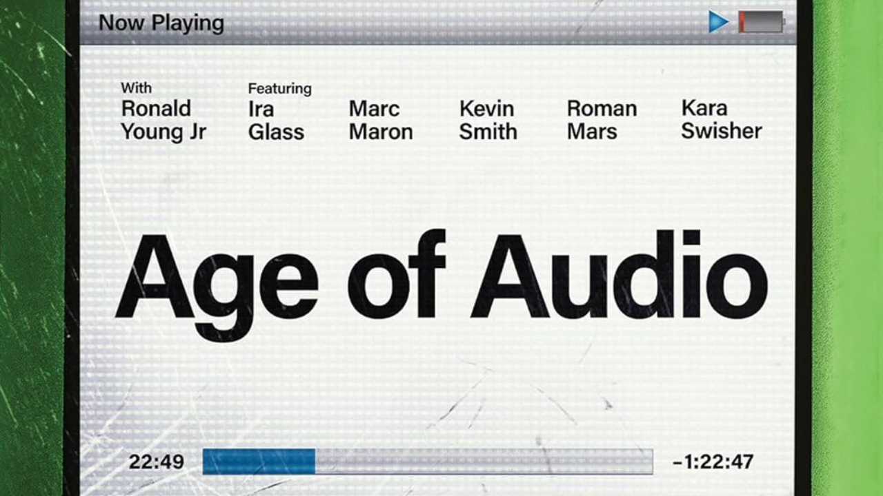 Poster del film documentario sul podcast in stile player audio con il titolo “Age of Audio”.