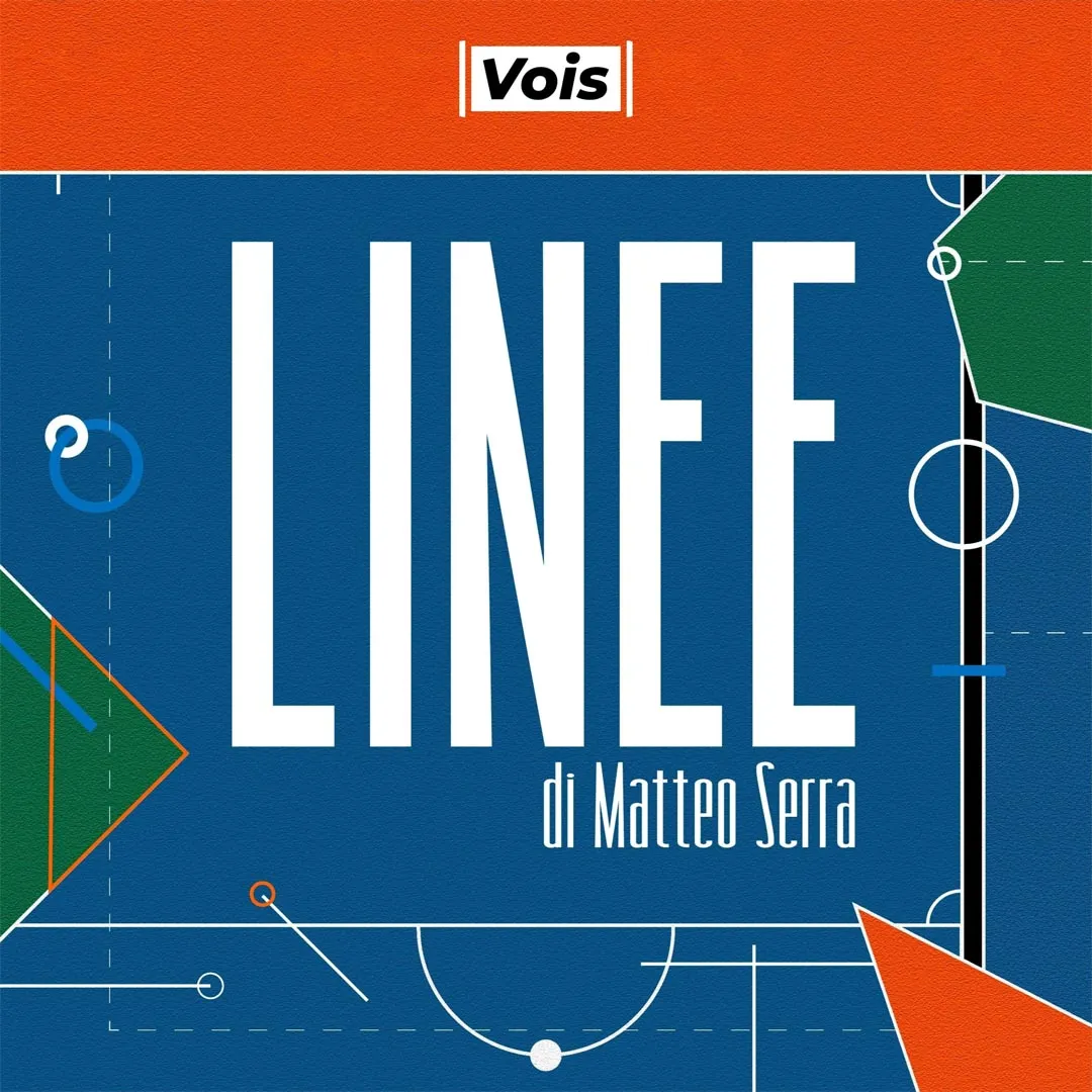 Copertina del podcast "Linee" di Matteo Serra, con grafica astratta ispirata ai campi da gioco.