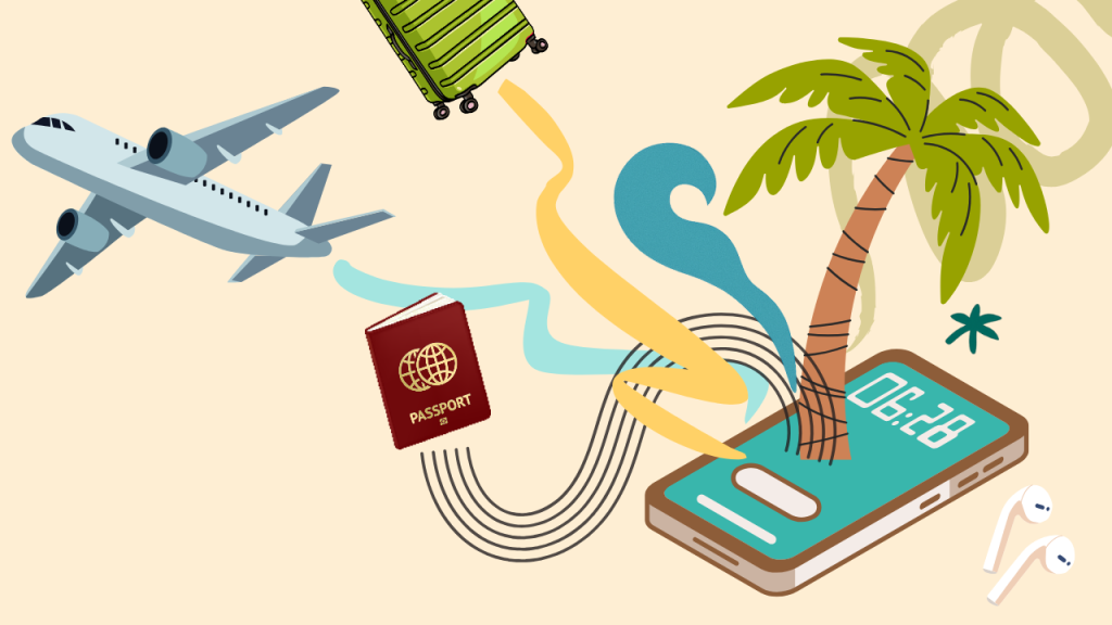 Illustrazione di viaggio con un aereo, una valigia, un passaporto, una palma e uno smartphone, elementi colorati che rappresentano podcast di viaggio.
