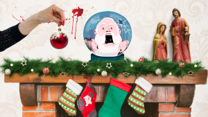 Illustrazione concettuale sui podcast di Natale, tra ironia e atmosfere natalizie