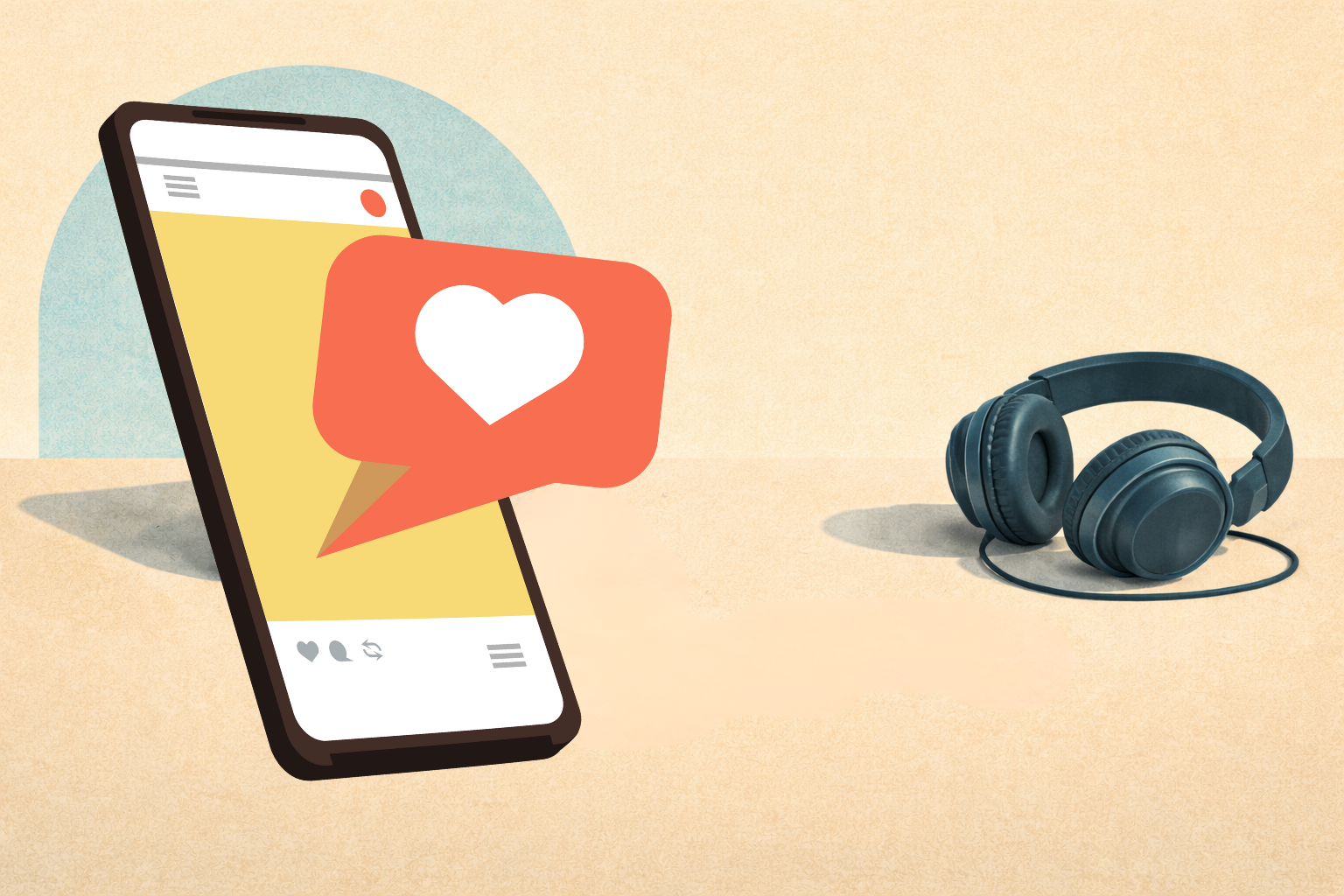 Smartphone con icona di like sui social e cuffie separate, a rappresentare il rapporto tra social media e podcast