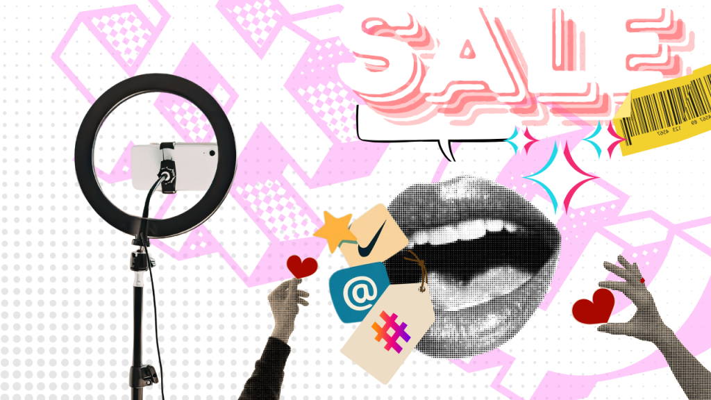 **Alt text:** `Collage pop art sul fenomeno dello spefluencing: ring light con smartphone, labbra in stile mezzatinta, tag con simboli social (hashtag, chiocciola), cuori e scritta SALE su sfondo rosa – illustrazione per articolo su recensioni e sponsorizzazioni non richieste`